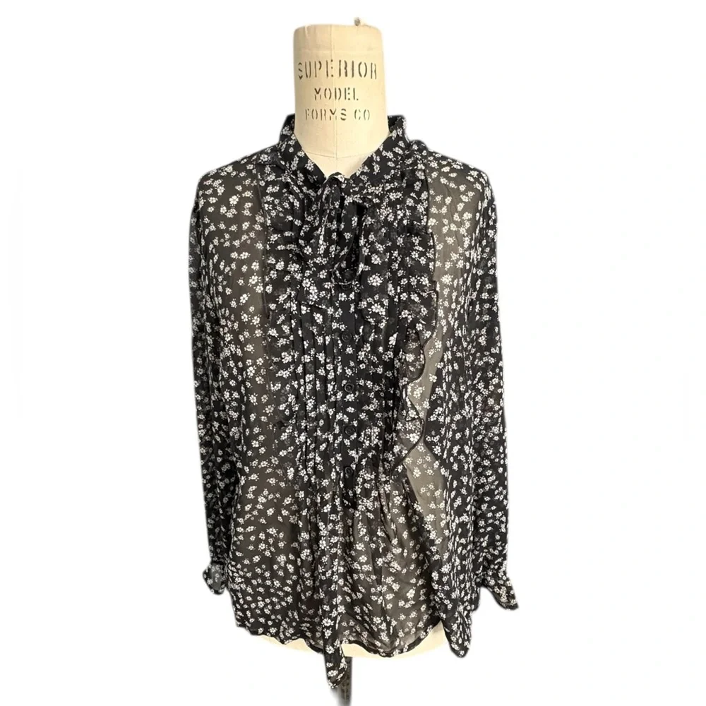 Express Black White Floral Blouse Ruffle Front Sheer Tie Neckline Office Size M - Picture 2 of 11